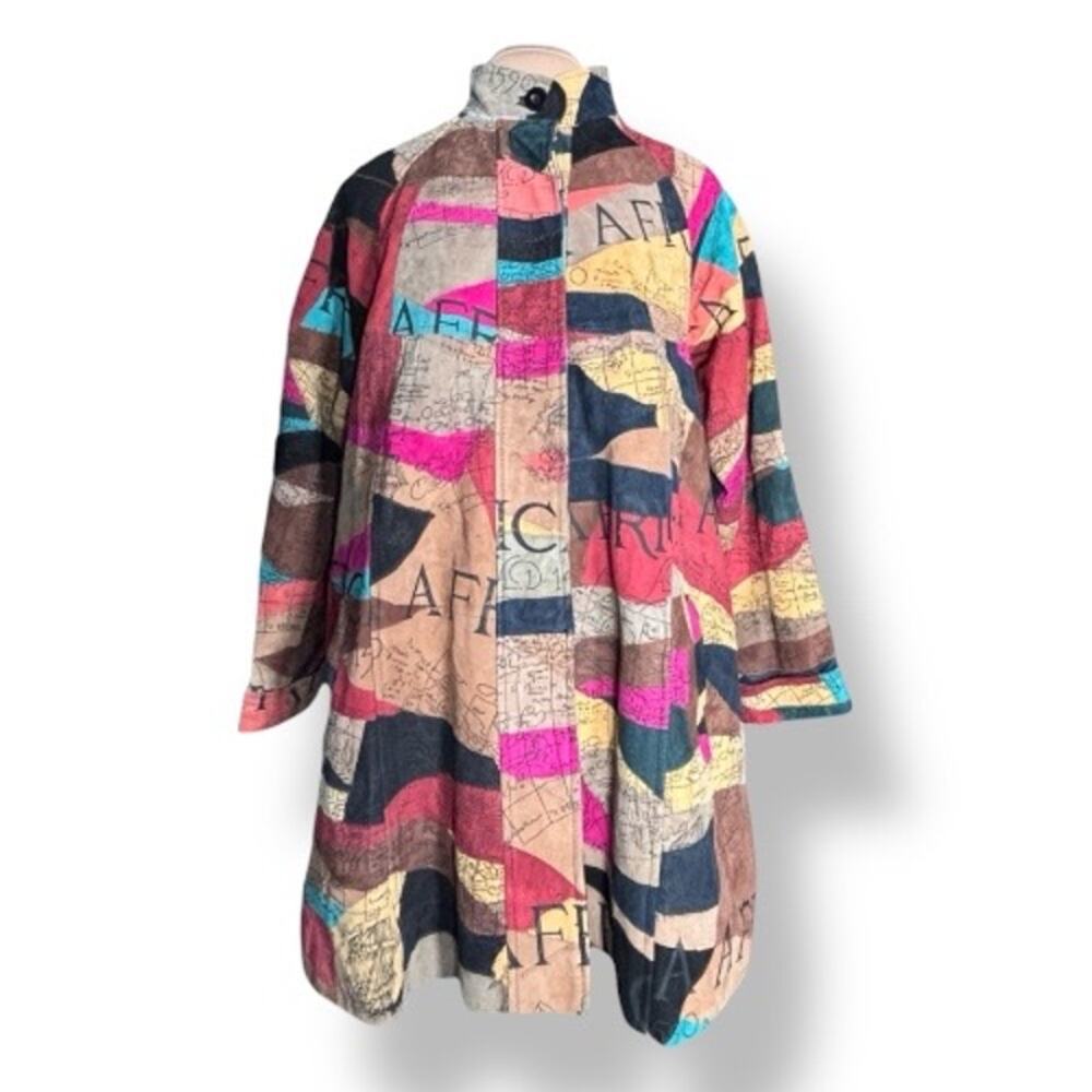 Vintage African Star Suede Leather Coat Map Print Oversized Long Jacket Boho - Picture 5 of 14